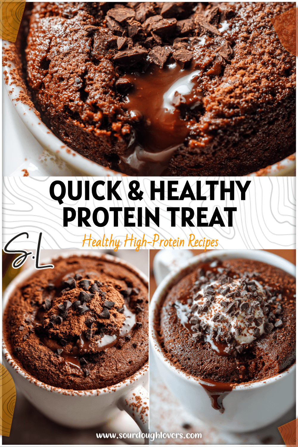A fluffy Chocolate Protein Mug Cake in a white mug topped with melted chocolate and cocoa powder.